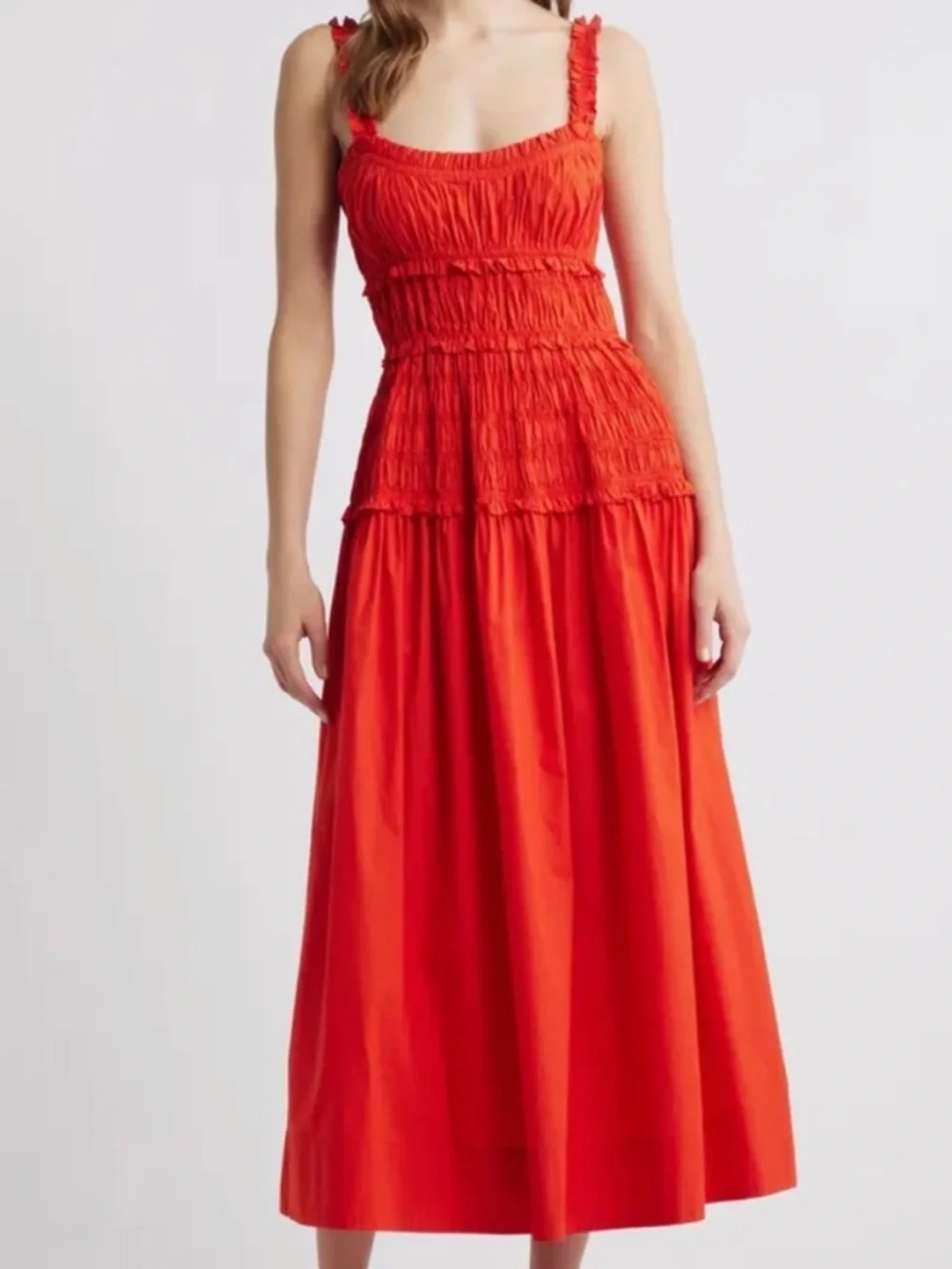 Doen Marianne Dress Red Orange Ruche Dress sz M *AS IS* - Picture 1 of 15